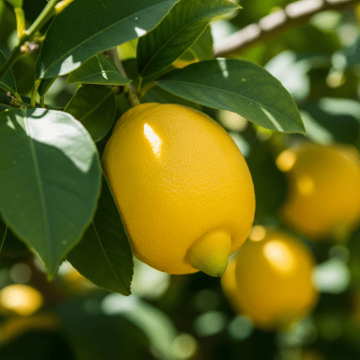 A photograph of a fresh Lemon from the fruits taxonomy as it appears in its natural growing environment, such as on a tree, bush, or vine