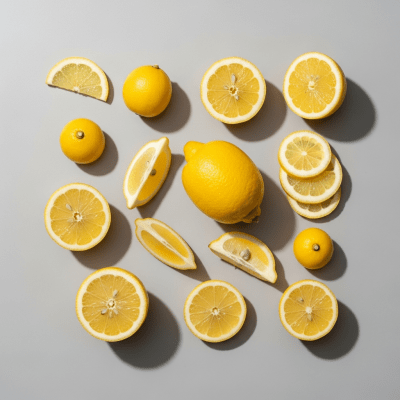 An overhead view photograph of several pieces of the Lemon, from the fruits taxonomy, arranged aesthetically on a plain background