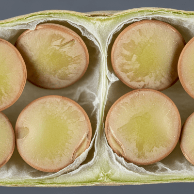 Close-up macro image of the Lentil (legumes) cut in half, displaying its internal structure and details such as seed arrangement, pod interior, or cross-section textures