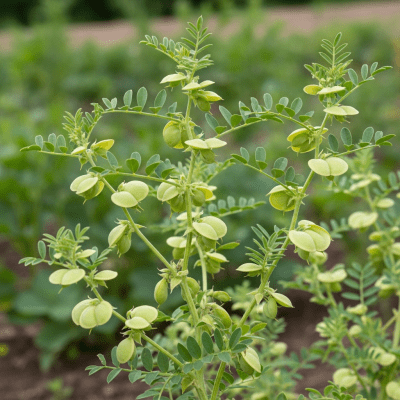 Photograph of the Lentil (legumes) growing naturally on its plant in an outdoor agricultural or garden setting, showing leaves, pods, and surrounding soil or greenery
