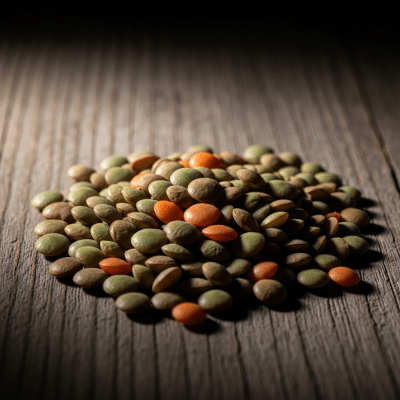 Editorial-style image of the Lentil from the taxonomy legumes, arranged artfully on a rustic wooden surface with dramatic lighting to highlight its unique shape and color.