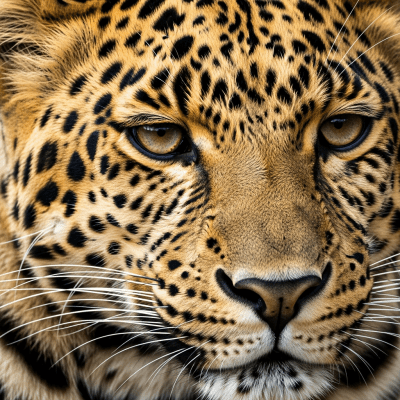 Close-up macro photograph focusing on the facial features and fur texture of a Leopard
