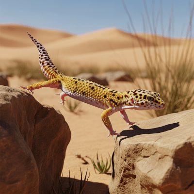 A dynamic action scene featuring a single Leopard Gecko (lizards) running, climbing, or catching prey in its typical environment