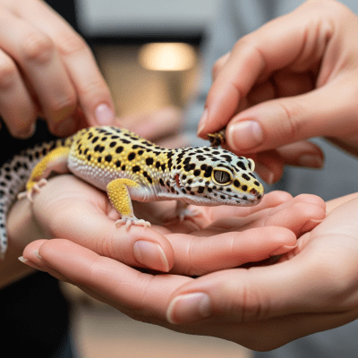 Image of a Leopard Gecko interacting with humans in a responsible pet-keeping context