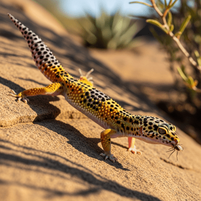 A dynamic action shot of a Leopard Gecko, part of the taxonomy reptiles, in motion such as climbing, swimming, basking, or hunting in its environment