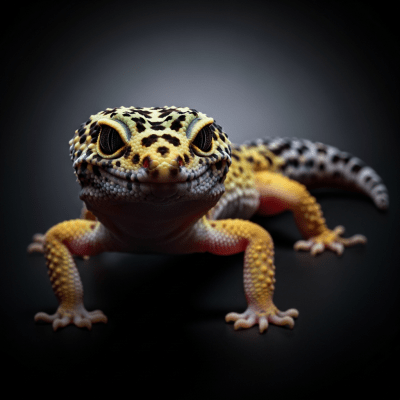 A striking, editorial-style portrait of a Leopard Gecko (reptiles) in dramatic lighting.