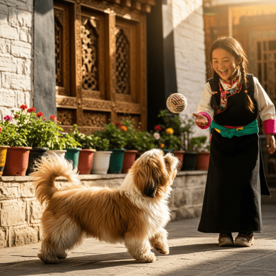 Image of a Lhasa Apso interacting with humans in a typical cultural or domestic setting