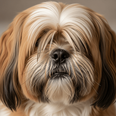Close-up photograph of the face of a Lhasa Apso