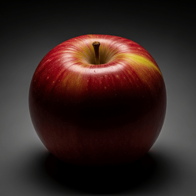 Editorial-style image of a single Liberty from the taxonomy apples, dramatically lit against a dark gradient background to highlight color and texture.
