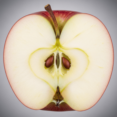 A close-up image showing a cross-section of a Liberty of the taxonomy apples, sliced cleanly in half to reveal internal structure, seeds, and flesh