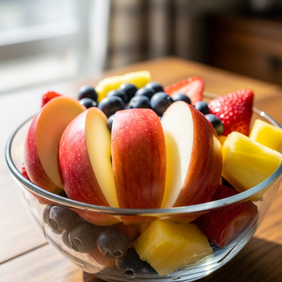 A photograph of a freshly sliced Liberty of the taxonomy apples, presented as part of a fruit salad in a clear bowl