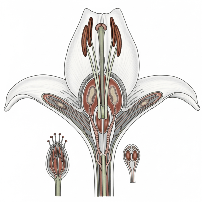 Cross-sectional illustration of a Lily (flowers), showing internal parts such as stem, petals, and reproductive organs