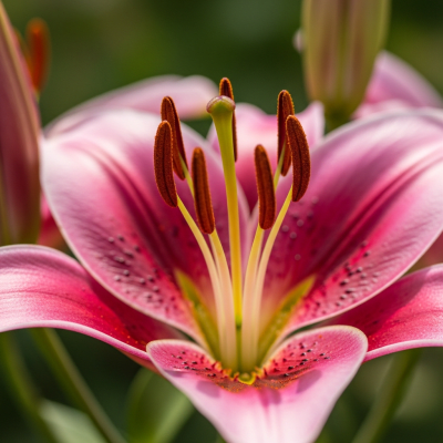 Detailed macro image of a Lily (flowers), focusing on the intricate structure of petals, stamens, and pistil