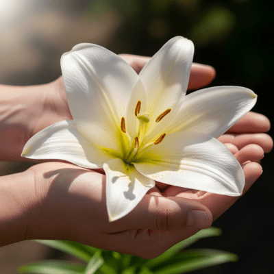 Photograph of a Lily (flowers) being held or interacted with by a person in a gentle way