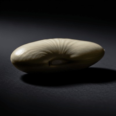 Editorial-style photograph of Lima Bean, part of the taxonomy beans, arranged aesthetically on a dark background with dramatic lighting to highlight its shape and color.