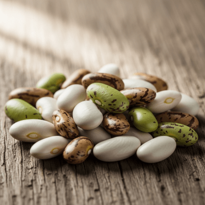 A handful of uncooked Lima Bean beans (beans) scattered on a rustic wooden surface, photographed in natural light to emphasize their variety and color