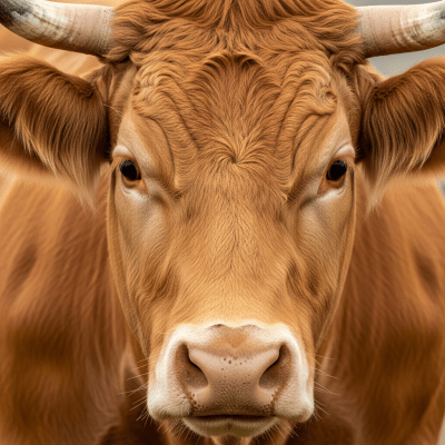 Close-up photograph of the head and face of a Limousin, focusing on distinctive features such as eyes, ears, and fur texture