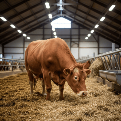 Documentary-style image of a Limousin in a barn or shelter environment, showing typical housing conditions for cows