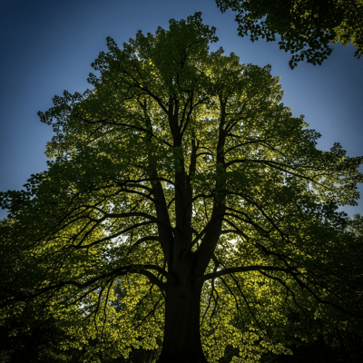 Striking editorial image of a single Linden (trees), photographed from a low angle to emphasize its grandeur.