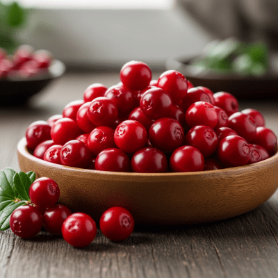A high resolution image of several fresh Lingonberrys arranged in a simple bowl, representing their use within the taxonomy berries