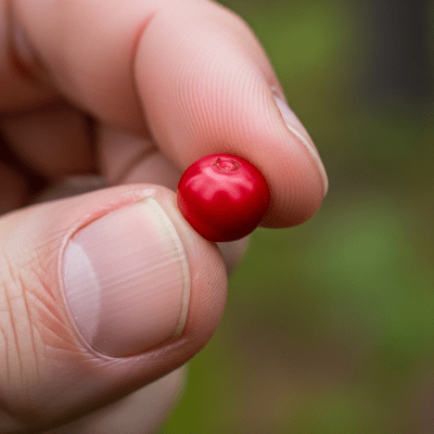A factual photograph of a hand holding a ripe Lingonberry, illustrating its size and appearance for the taxonomy berries