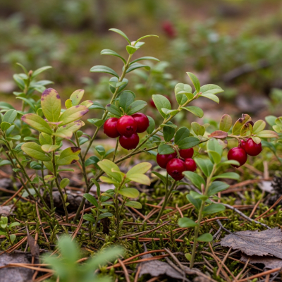 A naturalistic photograph of a Lingonberry growing on its plant in its typical environment, representing the taxonomy berries