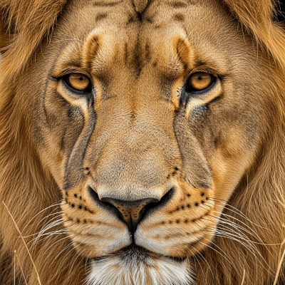 Close-up macro photograph focusing on the facial features and fur texture of a Lion