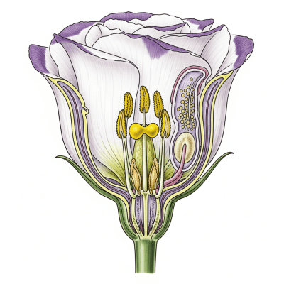 Cross-sectional illustration of a Lisianthus (flowers), showing internal parts such as stem, petals, and reproductive organs
