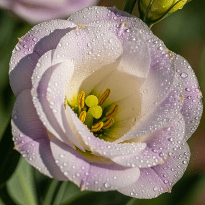 Detailed macro image of a Lisianthus (flowers), focusing on the intricate structure of petals, stamens, and pistil