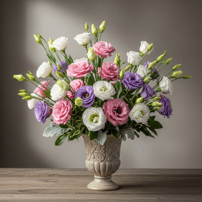 Image of a Lisianthus (flowers) arranged in a traditional bouquet or floral arrangement