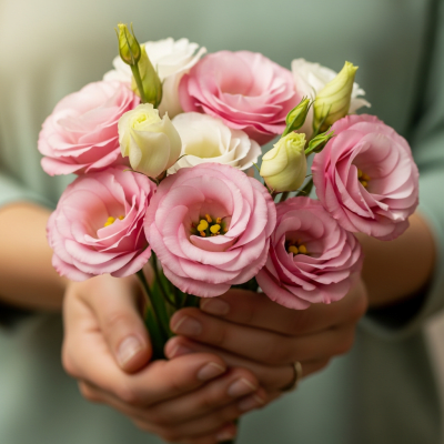 Photograph of a Lisianthus (flowers) being held or interacted with by a person in a gentle way