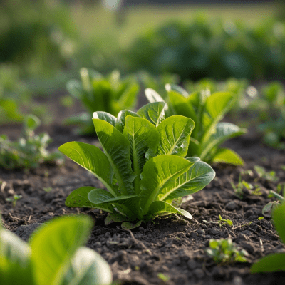 Naturalistic photograph of Little Gem Lettuce growing in a field or garden, representing its environment as part of the taxonomy lettuce