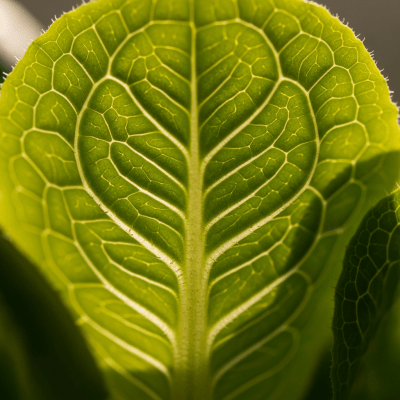 Macro shot capturing the texture and surface details of a leaf from Little Gem Lettuce, within taxonomy lettuce