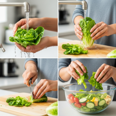 Photograph of a diverse pair of hands preparing or serving Little Gem Lettuce in a kitchen setting