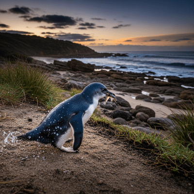 Photorealistic image of a Little Penguin (birds) in its typical natural environment