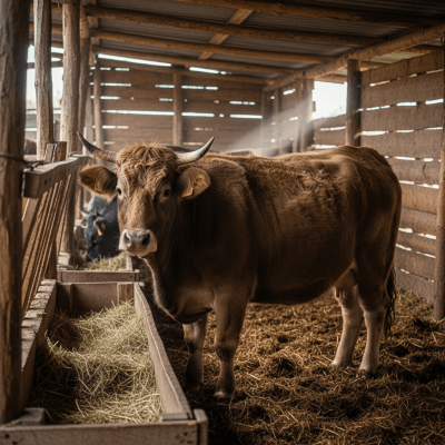 Documentary-style image of a Yokozuna (placeholder for very-local unregistered landraces) in a barn or shelter environment, showing typical housing conditions for cows