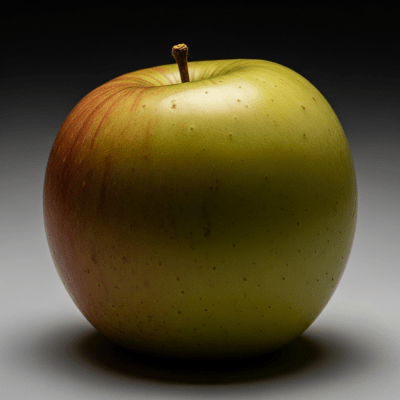 Editorial-style image of a single Lodi from the taxonomy apples, dramatically lit against a dark gradient background to highlight color and texture.