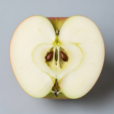 A close-up image showing a cross-section of a Lodi of the taxonomy apples, sliced cleanly in half to reveal internal structure, seeds, and flesh