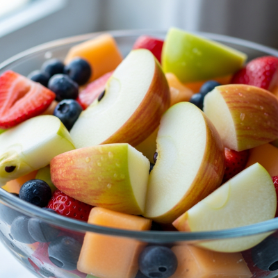 A photograph of a freshly sliced Lodi of the taxonomy apples, presented as part of a fruit salad in a clear bowl