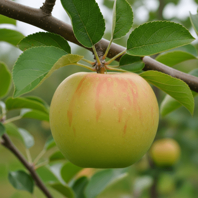 A naturalistic photograph of a Lodi, hanging on its tree branch with leaves visible
