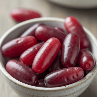 A high resolution image of several fresh Loganberrys arranged in a simple bowl, representing their use within the taxonomy berries