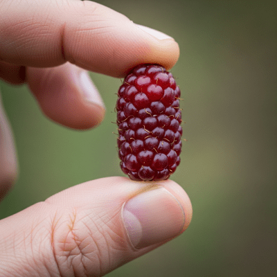 A factual photograph of a hand holding a ripe Loganberry, illustrating its size and appearance for the taxonomy berries