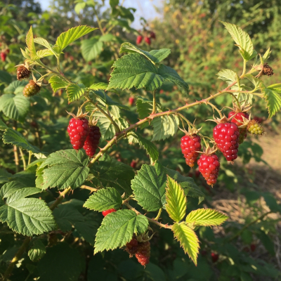 A naturalistic photograph of a Loganberry growing on its plant in its typical environment, representing the taxonomy berries