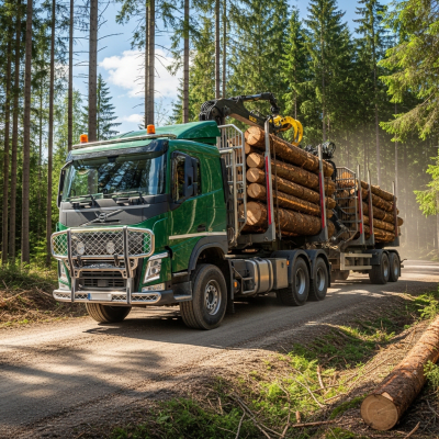 Photorealistic image of a Logging Trailer Truck (trucks) in its typical working environment