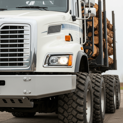 Close-up photograph focusing on distinctive details of a Logging Trailer Truck from the trucks taxonomy