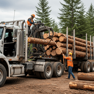 Image of a Logging Trailer Truck (trucks) being used by people in a real-world scenario