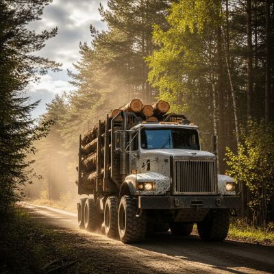 Photorealistic image of a Logging Truck (trucks) in its typical working environment