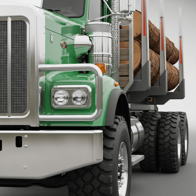 Close-up photograph focusing on distinctive details of a Logging Truck from the trucks taxonomy