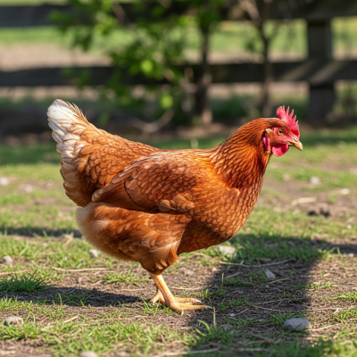 Naturalistic image of a Lohmann Brown belonging to the chicken taxonomy in its typical outdoor environment