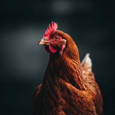 Editorial-style portrait of a Lohmann Brown from the chicken taxonomy.